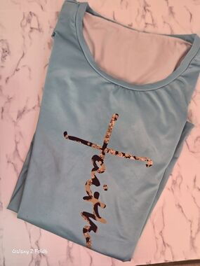 Light Blue Tee with Metallic Script Graphic